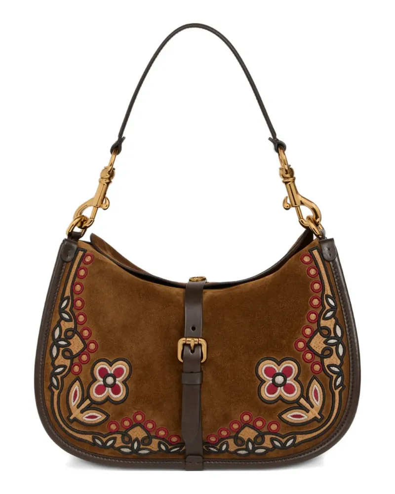 Etro Mittelgroße Pony Wildleder-Schultertasche mit Blumenstickerei - Braun Braun