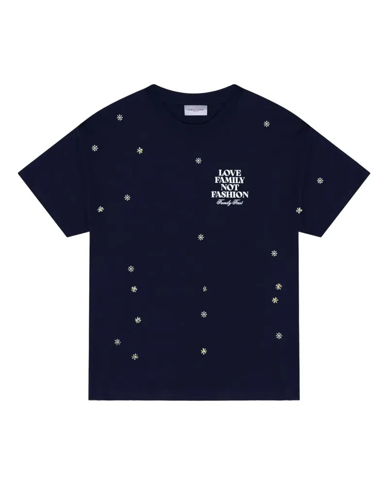 Family First T-Shirt mit Blumenstickerei - Blau Blau
