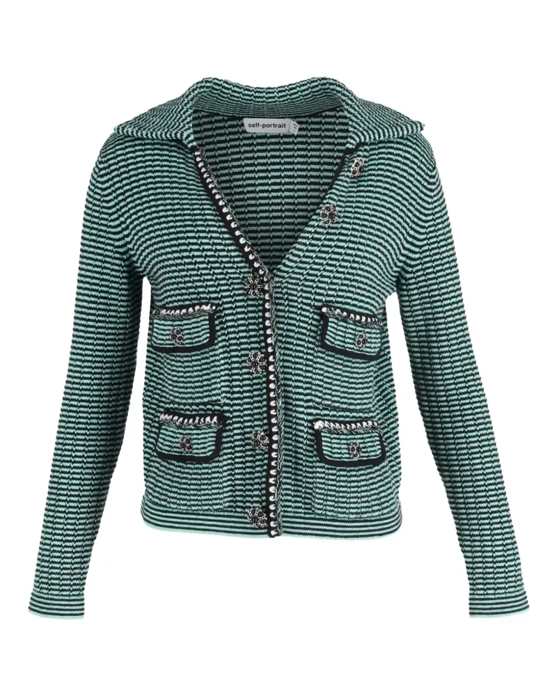 Self-Portrait stripe pocket collared cardigan - Grün Grün