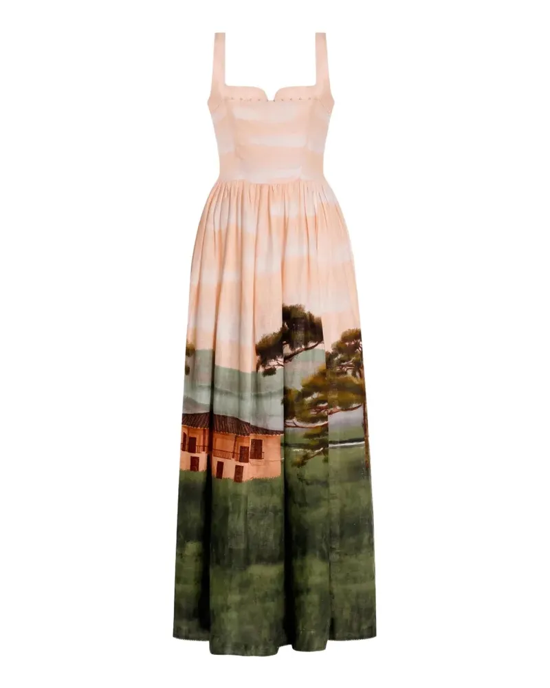 AGUA BENDITA Jaspe Maxikleid mit Landschafts-Print - Orange Orange