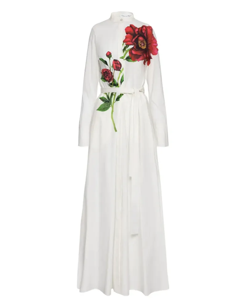Oscar de la Renta Gürtel-Maxikleid mit Pfingstrosen-Print - Weiß Weiß