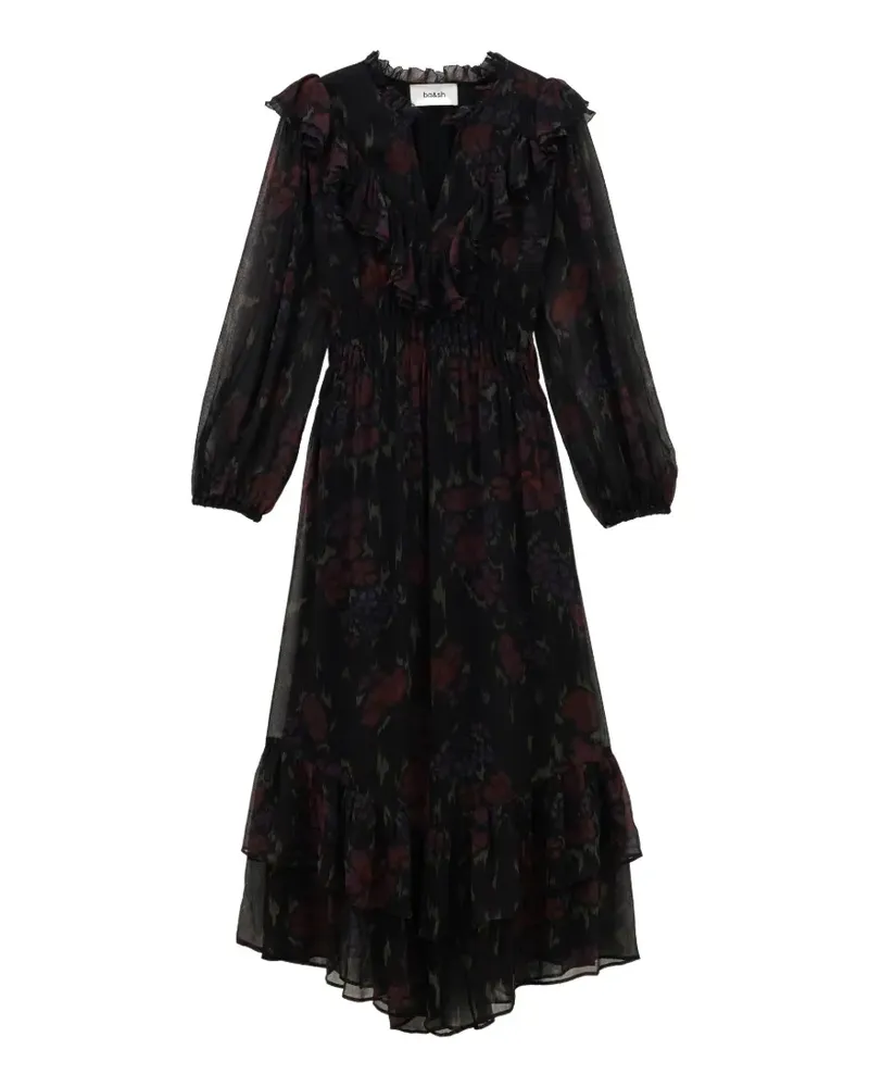 ba&sh Gerüschtes Dova Midikleid mit Blumenprint - Schwarz Schwarz