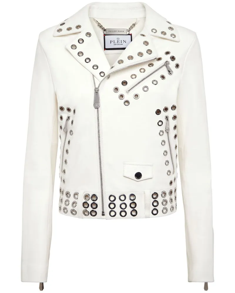 Philipp Plein Leder-Bikerjacke mit Ösen - Weiß Weiß
