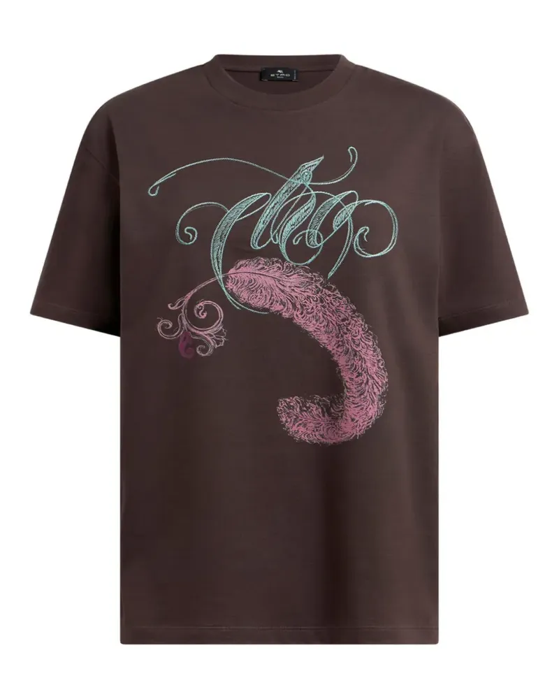 Etro T-Shirt mit Logo-Stickerei und Feder-Print - Braun Braun
