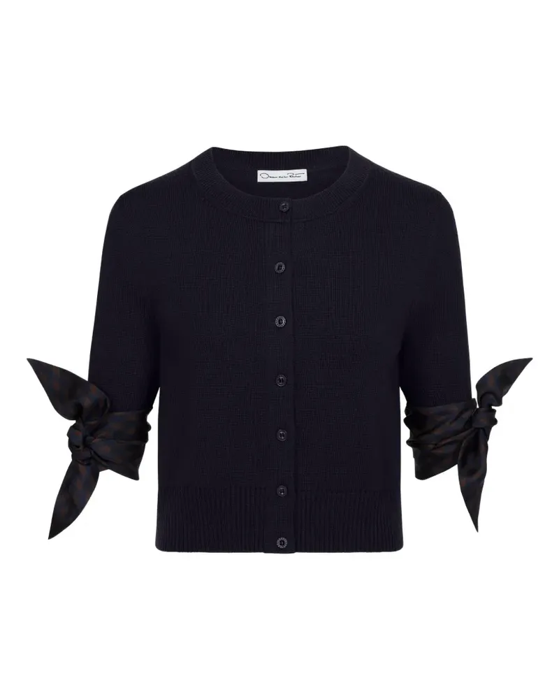 Oscar de la Renta argyle tie-detailed short-sleeved cropped cardigan - Blau Blau
