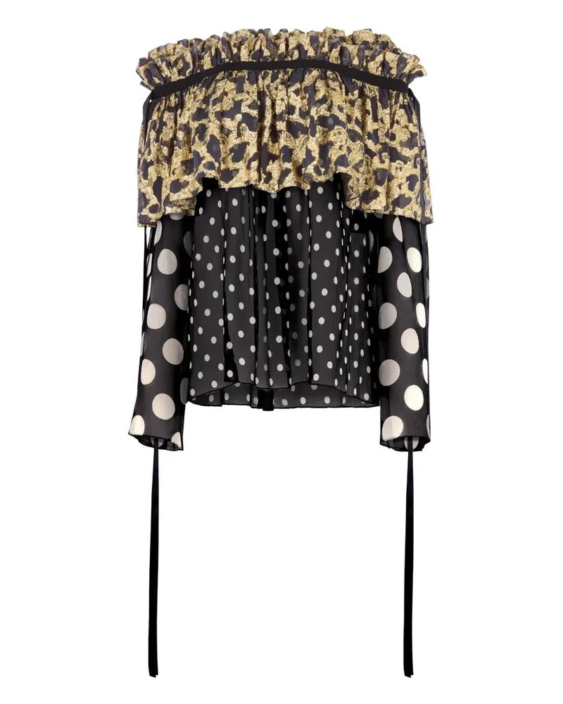 Nina Ricci Gerüschte Satinbluse mit Polka Dots - Schwarz Schwarz