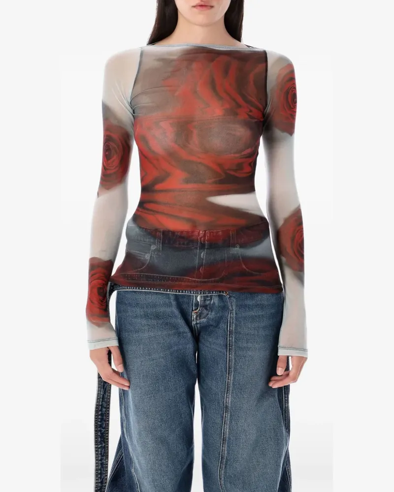 Jean Paul Gaultier rose-print mesh top - Rot Rot