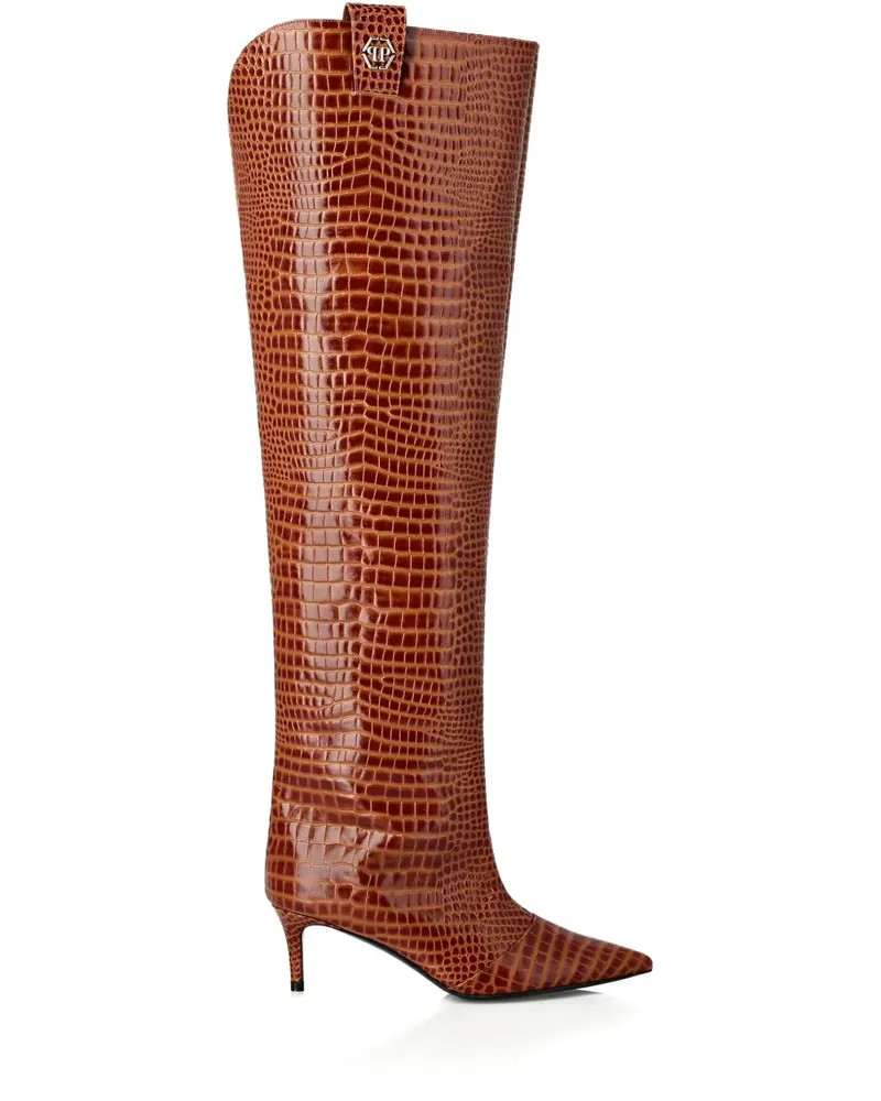 Philipp Plein 55mm crocodile-print over-the-knee boots - Braun Braun