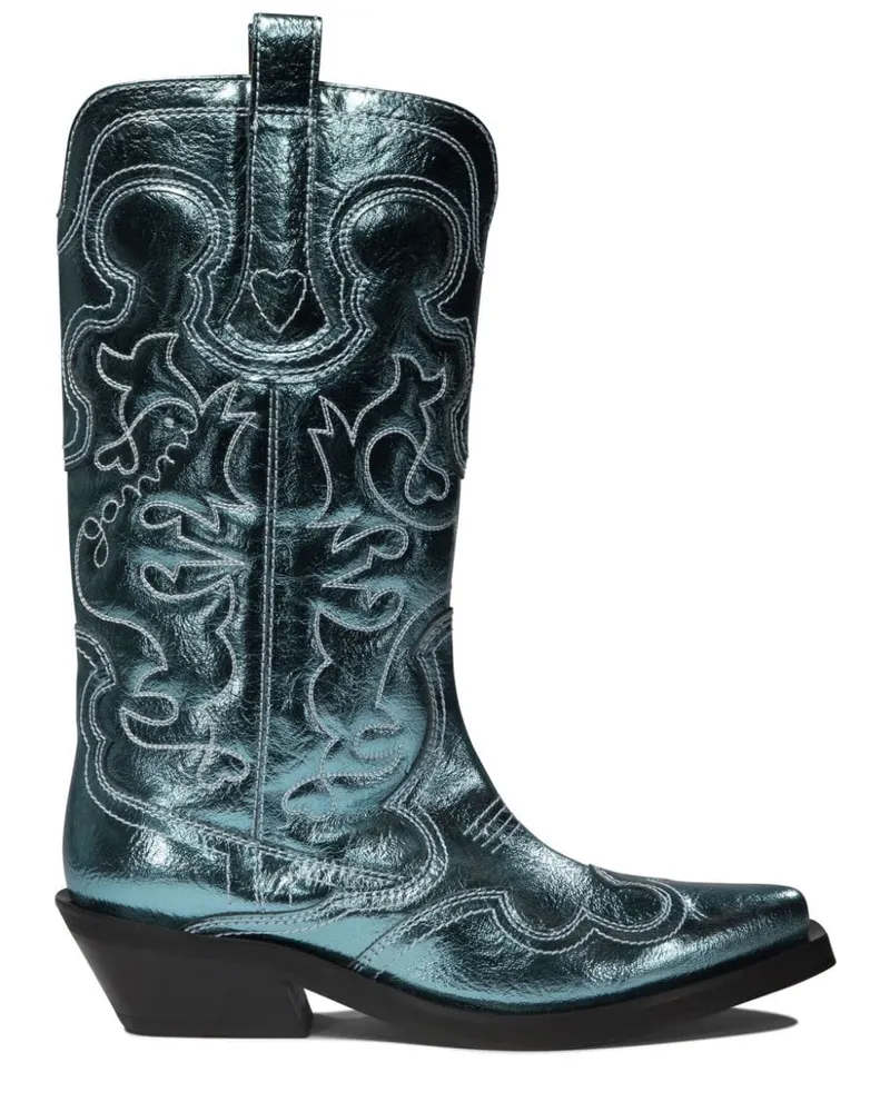 Ganni Bestickte Cowboystiefel Blau