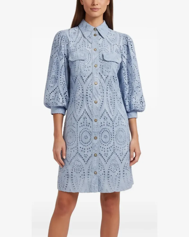 Ganni Ballonärmel-Midikleid mit Lochstickerei - Blau Blau