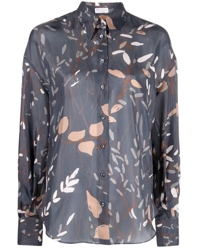Brunello Cucinelli Seidenhemd mit Blatt-Print - Blau Blau