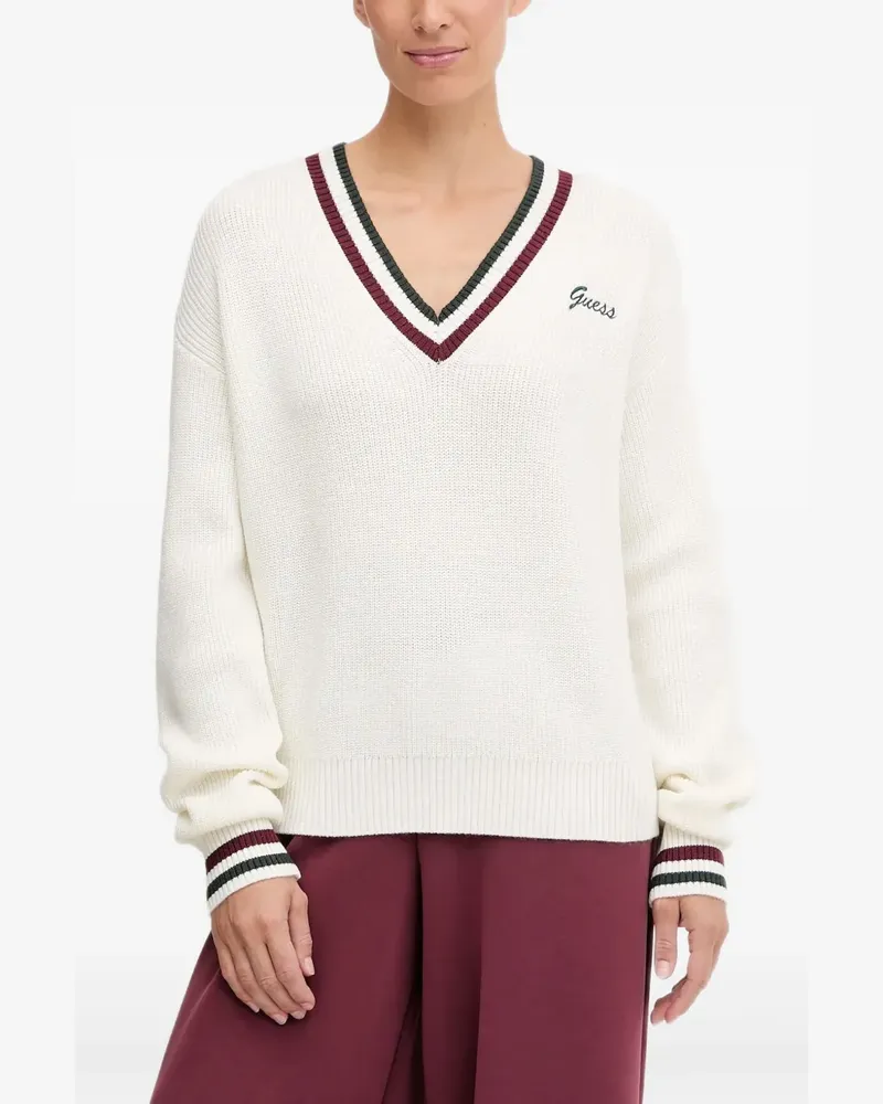 Guess Gestreifter Pullover mit V-Ausschnitt - Weiß Weiß