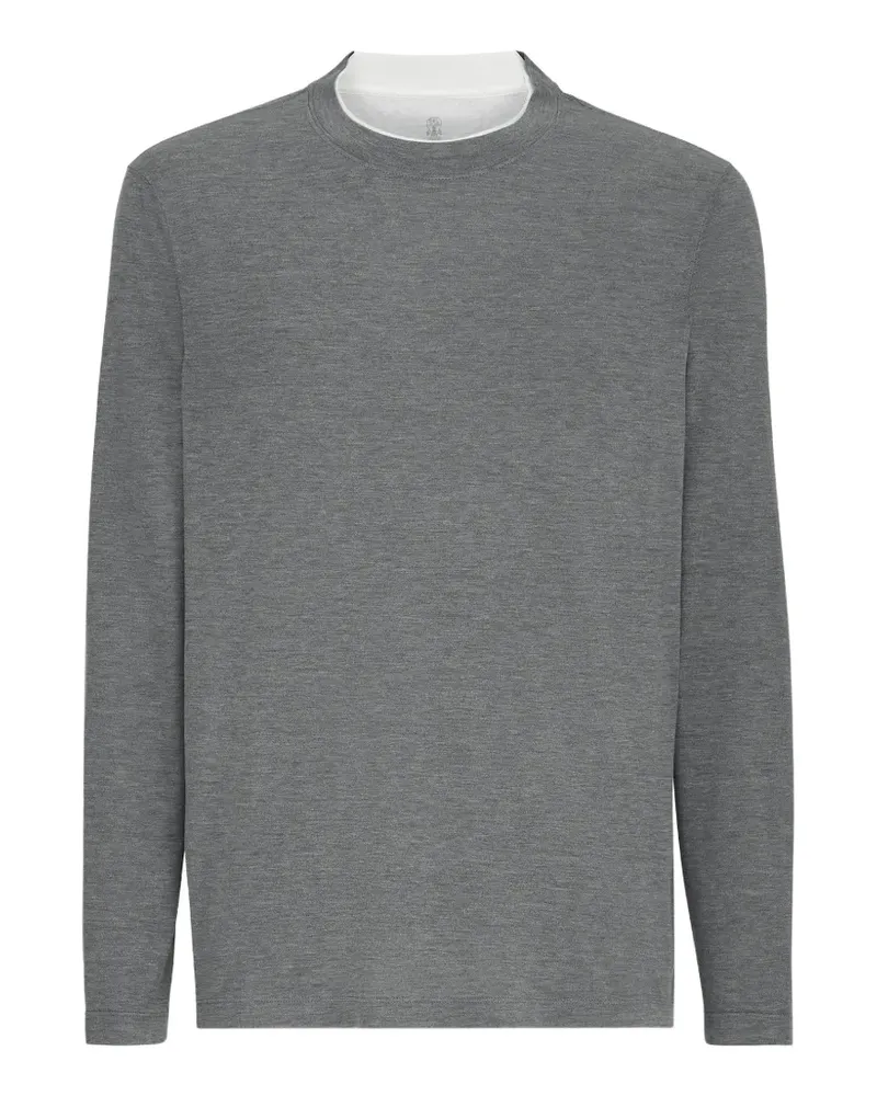 Brunello Cucinelli Leichtes Langarmshirt aus Seiden- und Baumwolljersey mit Rundhalsausschnitt und Kontrastdetails - Grau Grau
