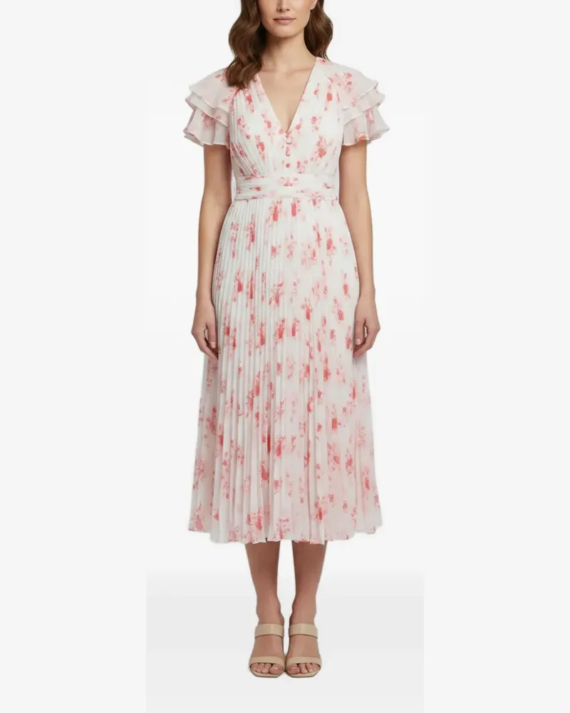Self-Portrait pleated floral-print dress - Weiß Weiß