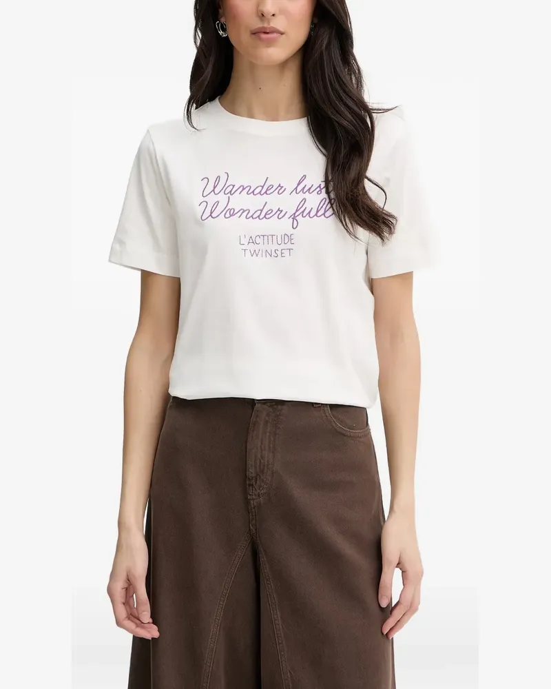 Twin-Set embroidered slogan-print T-shirt - Nude Nude