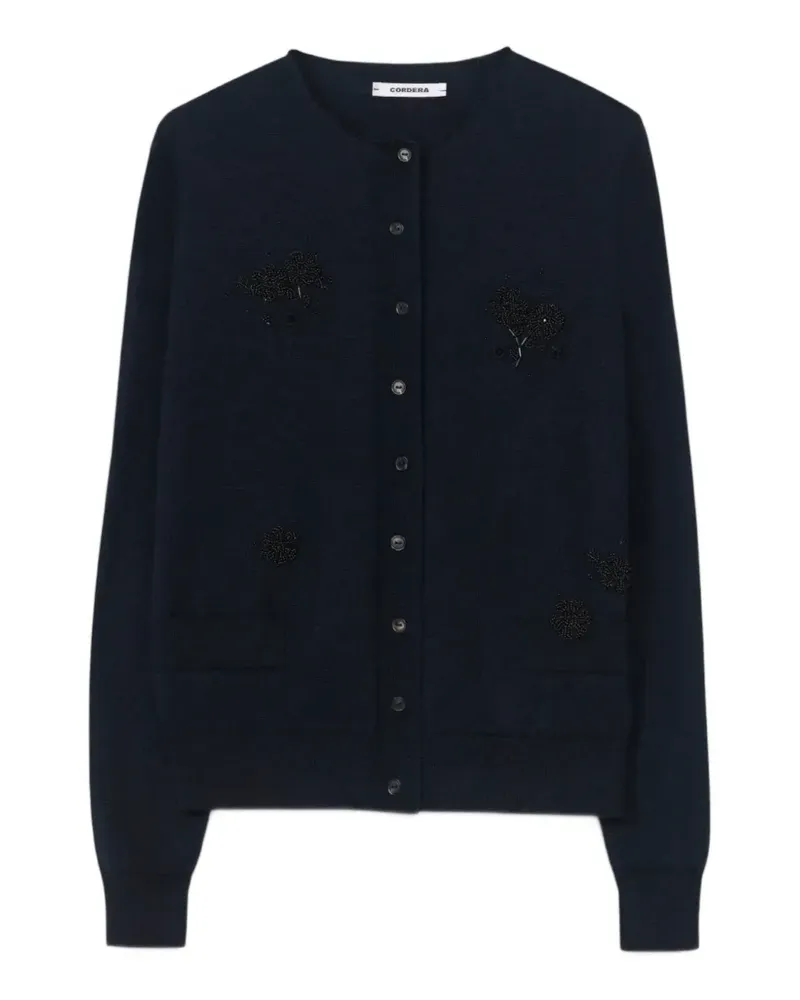 CORDERA Cardigan mit Perlen und Blumenpatch - Blau Blau