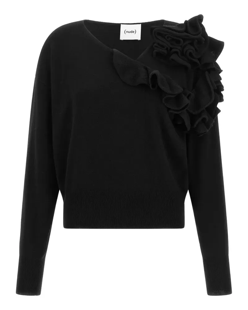 NUDE Pullover mit asymmetrischem Ausschnitt und Rüschen - Schwarz Schwarz