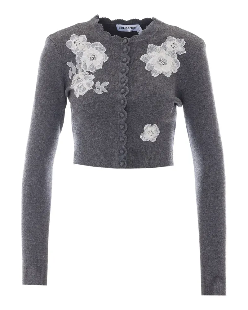Self-Portrait Cardigan mit Spitzenapplikation und Bogenkante - Grau Grau