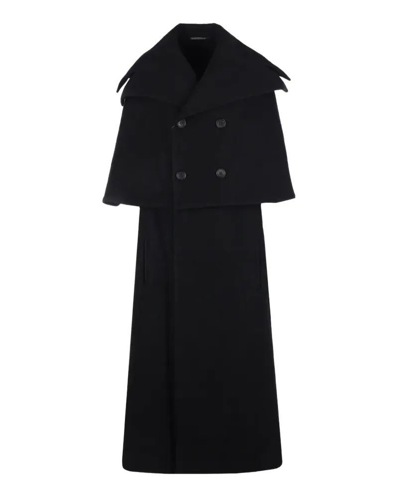Yohji Yamamoto Doppelreihiger Mantel mit Cape-Overlay - Schwarz Schwarz