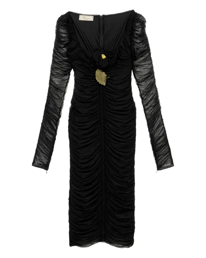 Blumarine Gerafftes Midikleid mit Blumendetail - Schwarz Schwarz