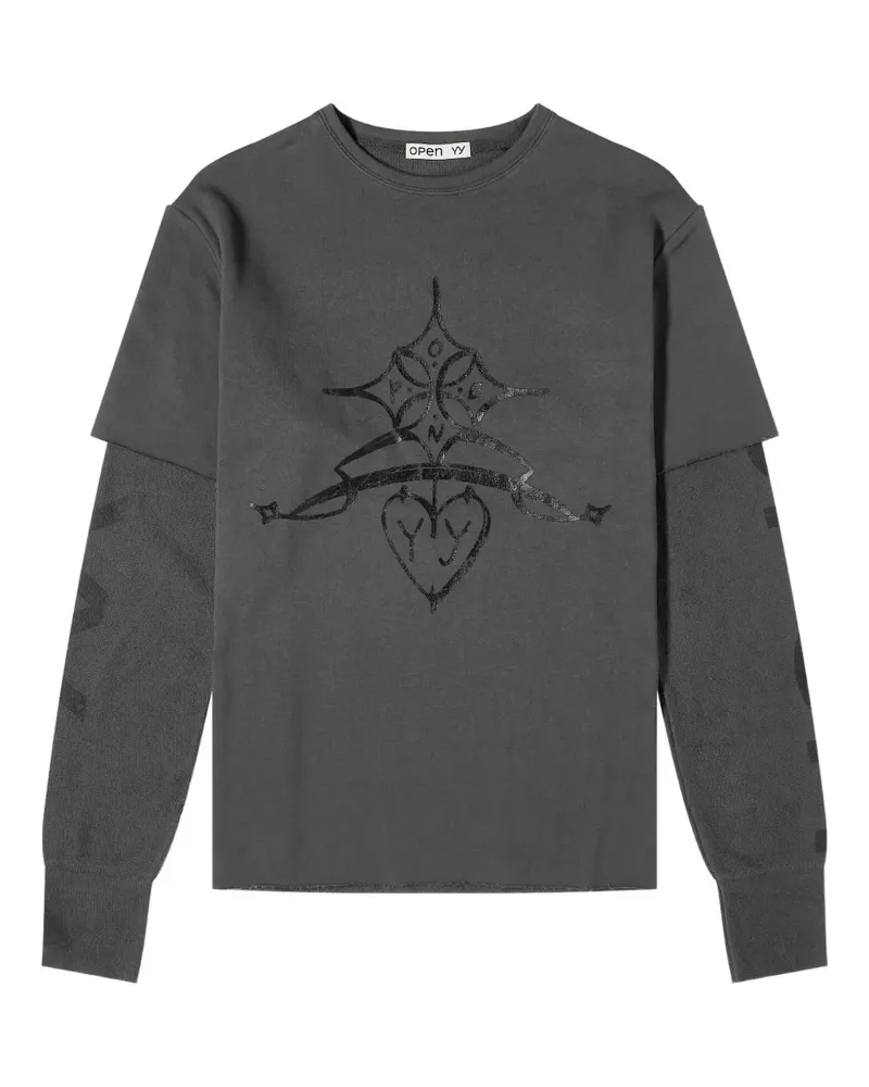 OPEN YY graphic-print layered-sleeve top - Grau Grau