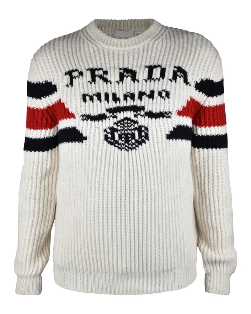 Prada Gestreifter Kaschmirpullover mit Logo - Nude Nude