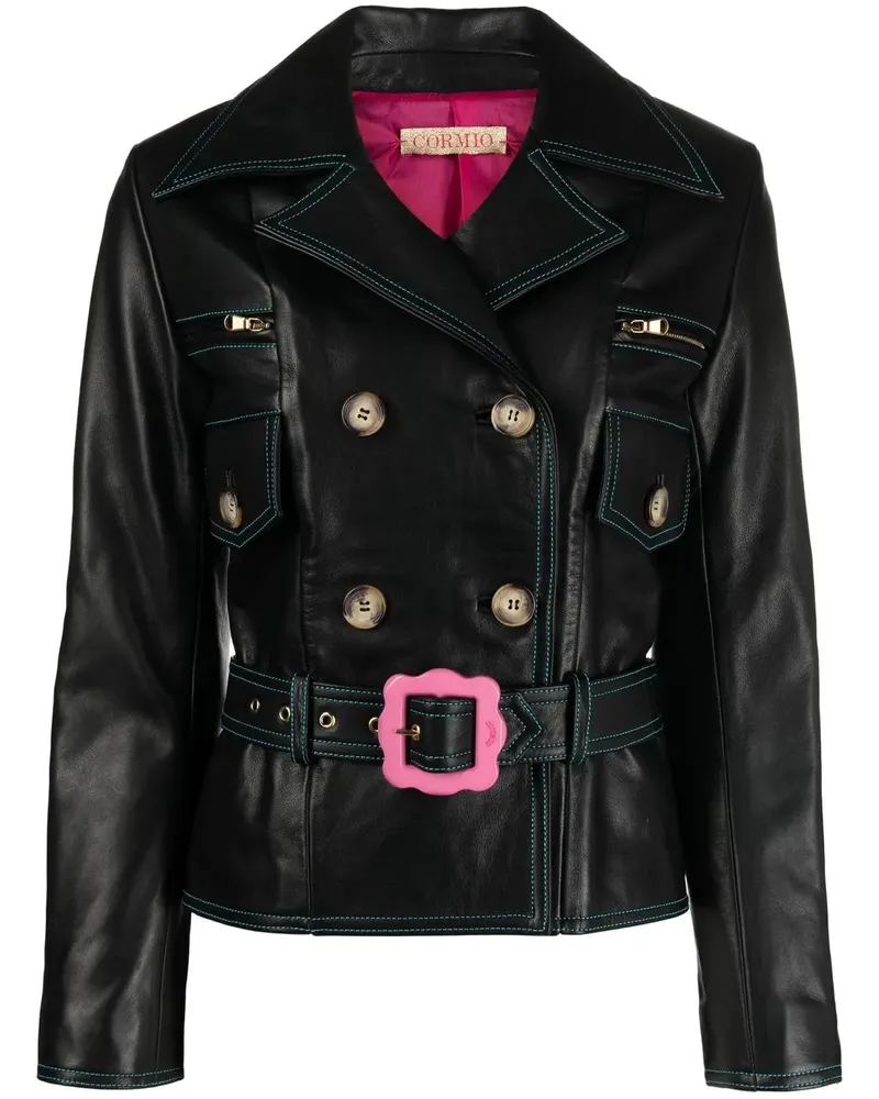 CORMIO Doppelreihige Lederjacke - Schwarz Schwarz