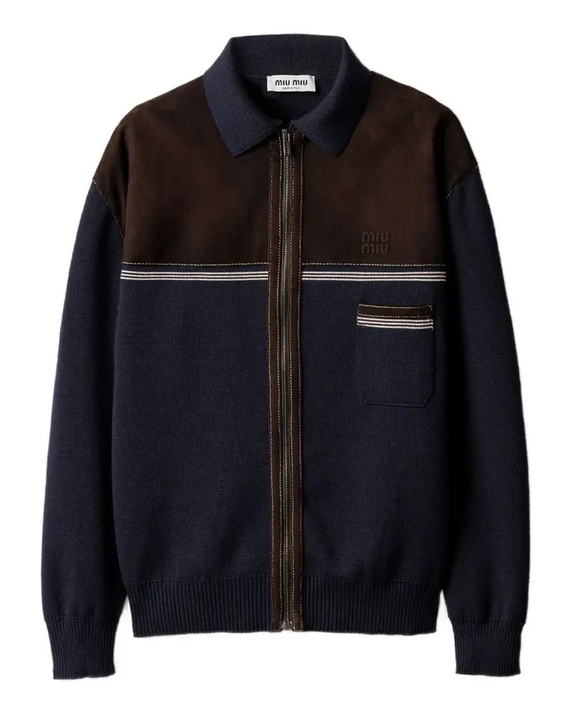 Miu Miu Wollcardigan mit Ledereinsätzen - Blau Blau