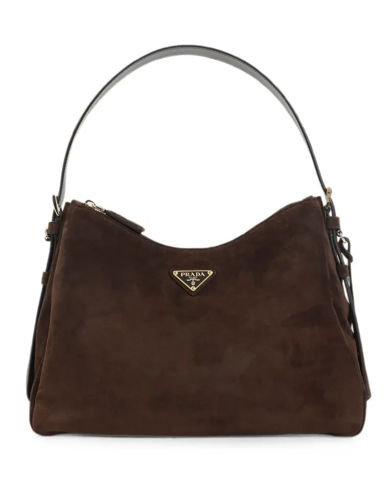Prada logo-plaque suede shoulder bag - Braun Braun