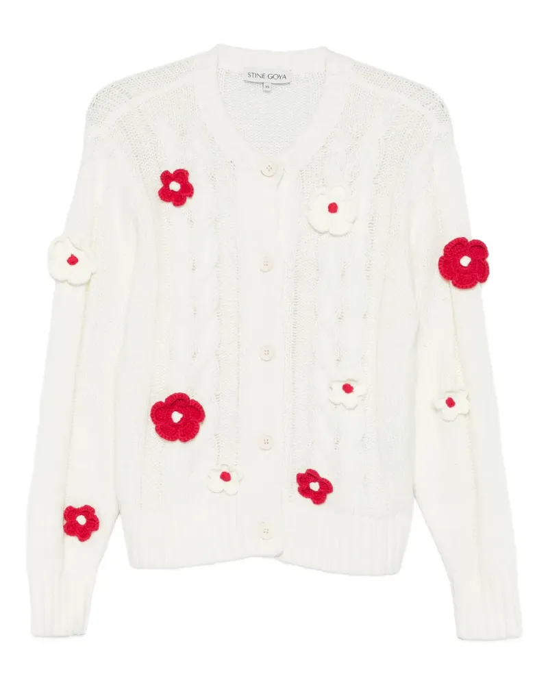 Stine Goya Zopfmuster-Cardigan mit Blumenapplikation - Weiß Weiß