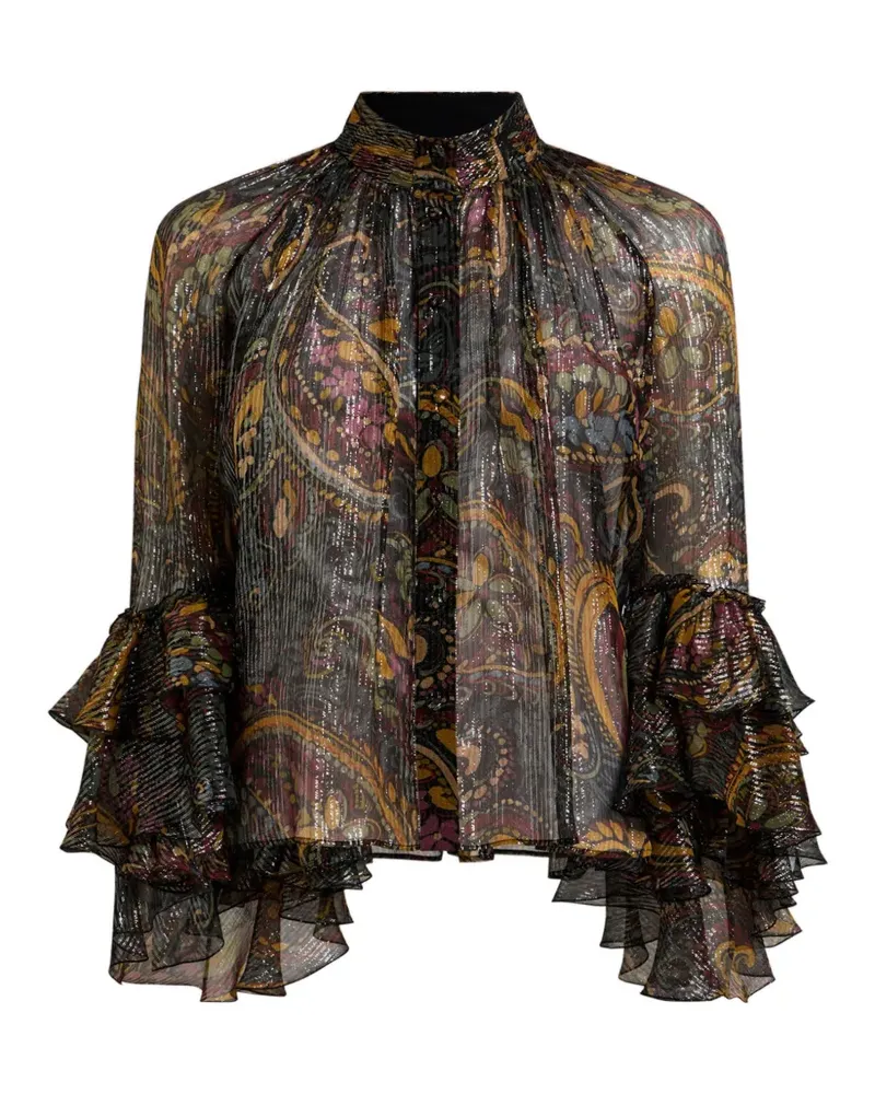 Etro Seidenhemd mit Rüschen und gestreiftem Paisley-Blumenmotiv - Schwarz Schwarz
