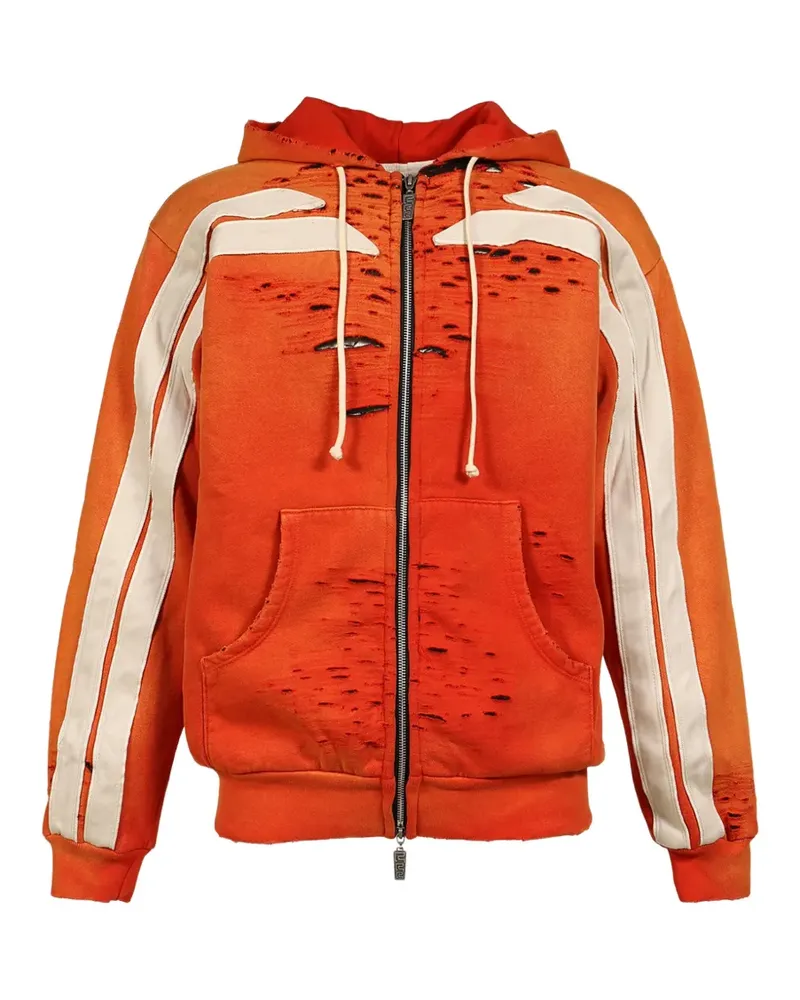 RRR123 Apocrypha Pious distressed side-stripefull-zip hoodie - Orange Orange