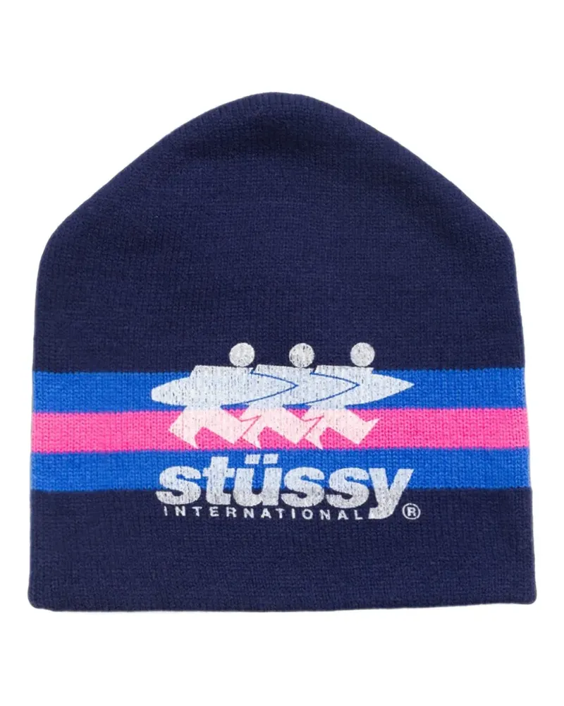 Stüssy striped logo-print beanie hat - Blau Blau