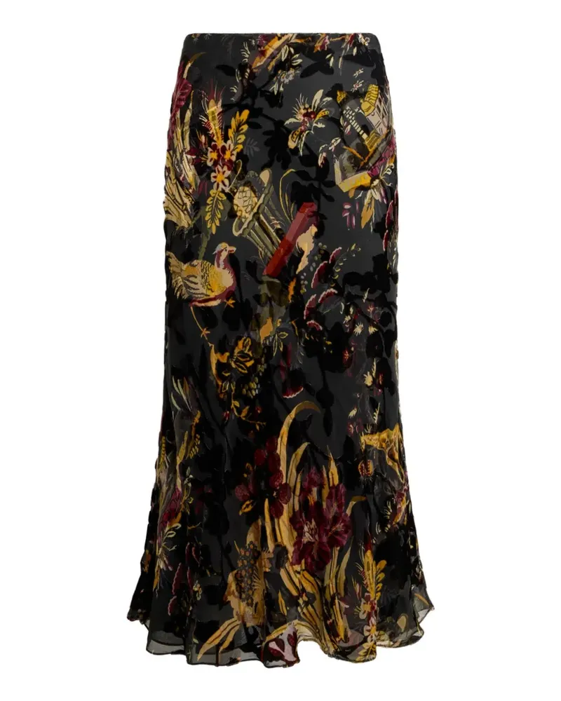 Etro Burnout-Samtrock aus Seidengemisch mit Blumen- und Tiermotiven - Schwarz Schwarz