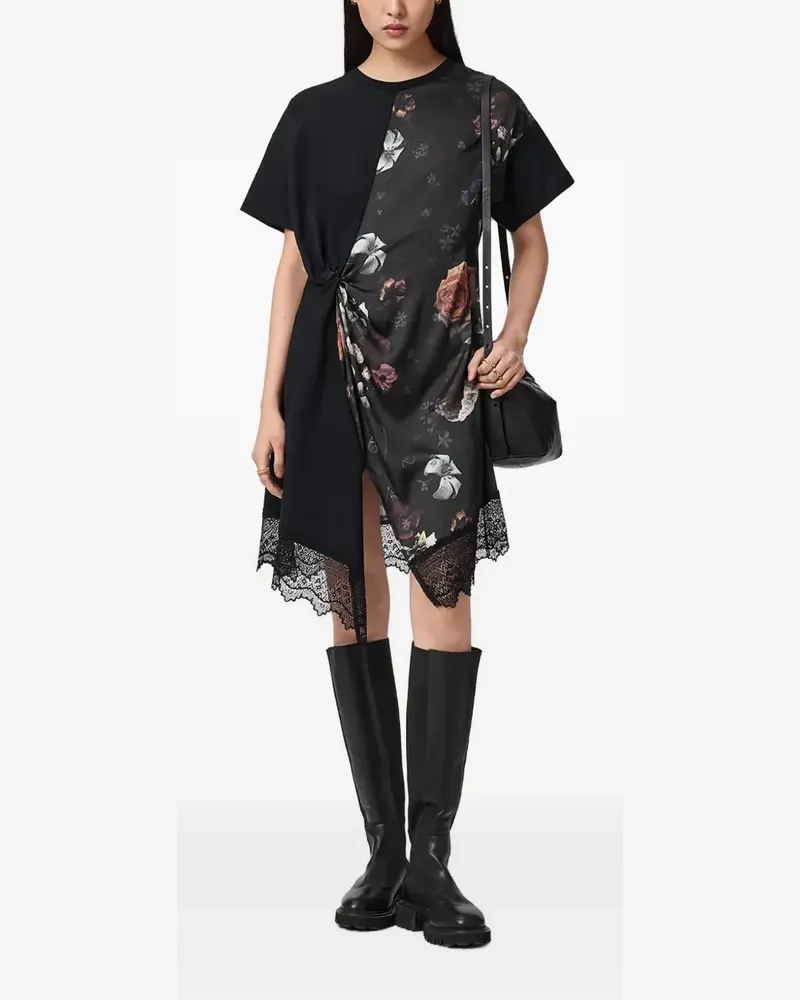 AllSaints Lana floral-print lace-trim midi dress - Schwarz Schwarz