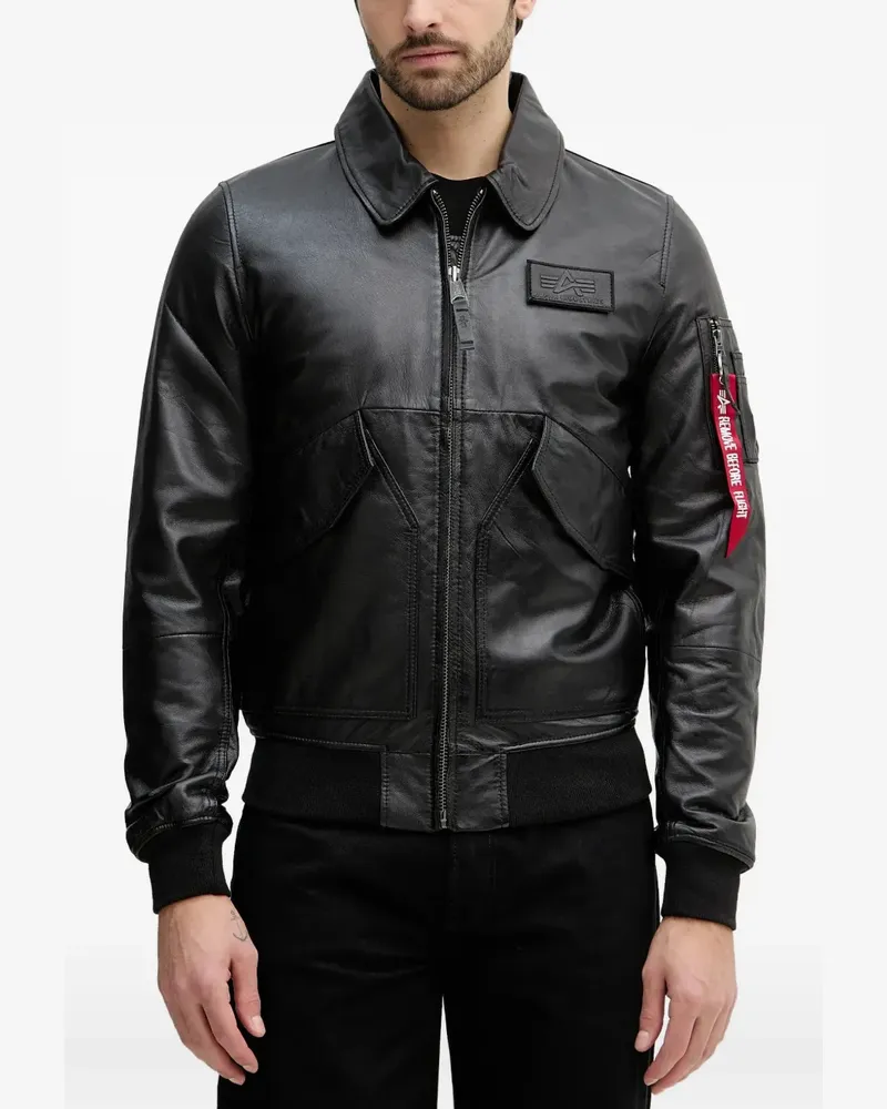 Alpha Industries Lederjacke mit Logo-Patch - Schwarz Schwarz