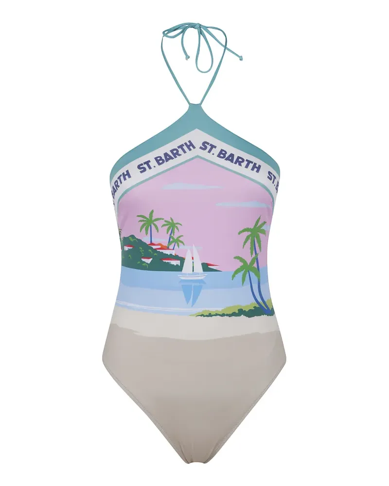 MC2 Saint Barth logo-print halterneck swimsuit - Nude Nude