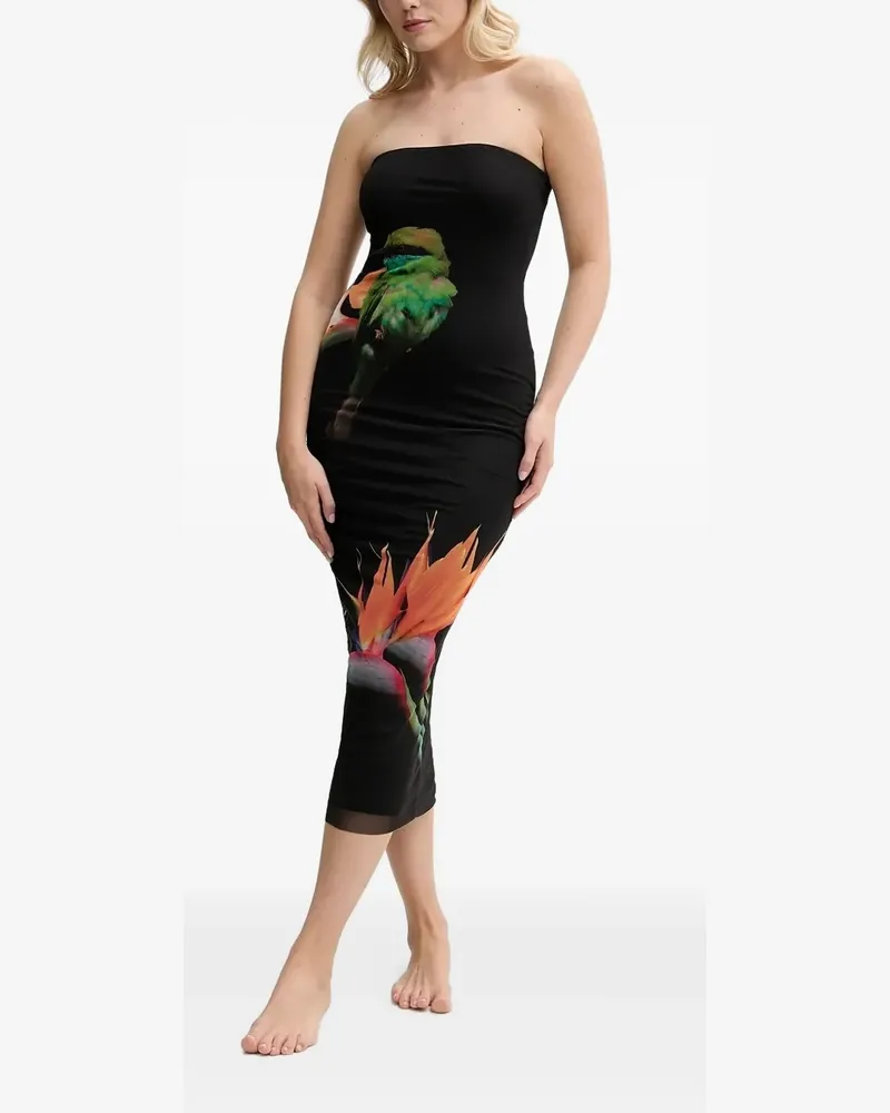 Desigual Schulterfreies Strandkleid mit Vogel-Print - Schwarz Schwarz