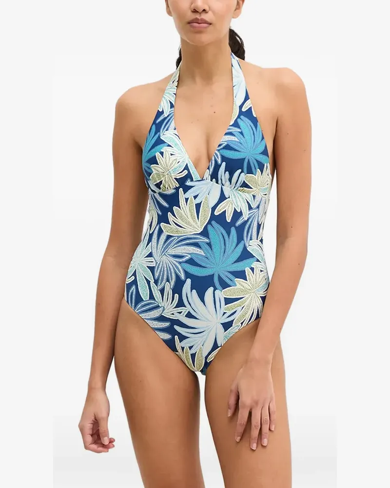 Marc O'Polo leaf-print halterneck swimsuit - Blau Blau