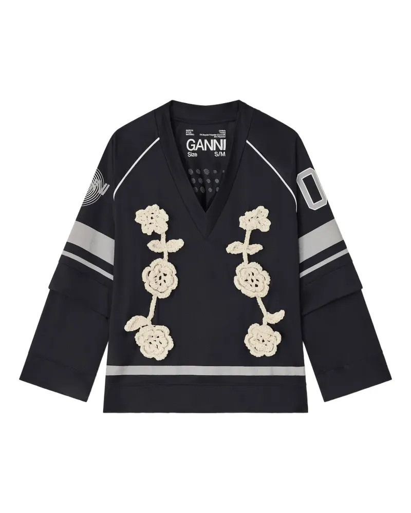 Ganni Jerseyoberteil mit gehäkelter Blume - Schwarz Schwarz