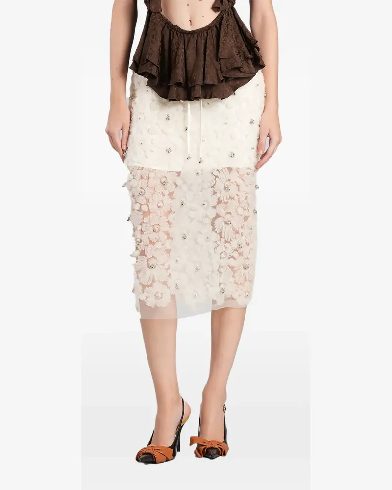 SIEDRES Siam floral-appliqué beaded midi skirt - Nude Nude