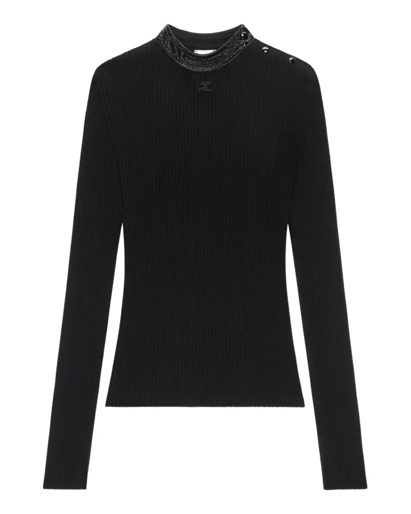 Courrèges Geripptes T-Shirt mit Vinyl-Kragen - Schwarz Schwarz