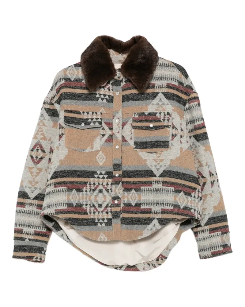 AVA ADORE geometric-pattern faux-fur-trim coat - Nude Nude