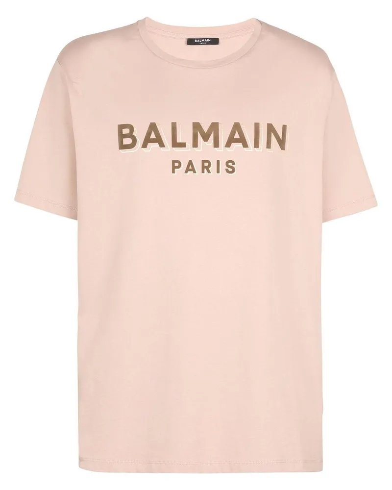 Balmain T-Shirt mit geflocktem Logo - Nude Nude