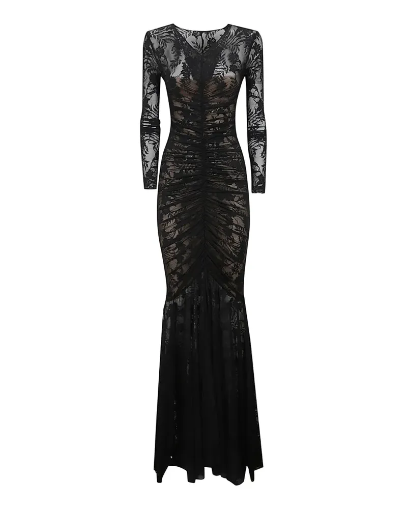 Norma Kamali floral-lace ruched gown - Schwarz Schwarz