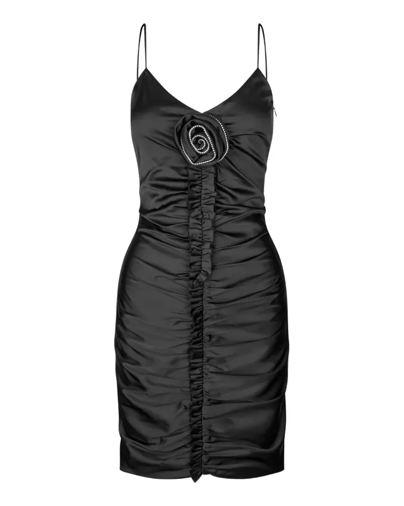 ROTATE Birger Christensen Gerafftes Minikleid mit Rosenapplikation - Schwarz Schwarz