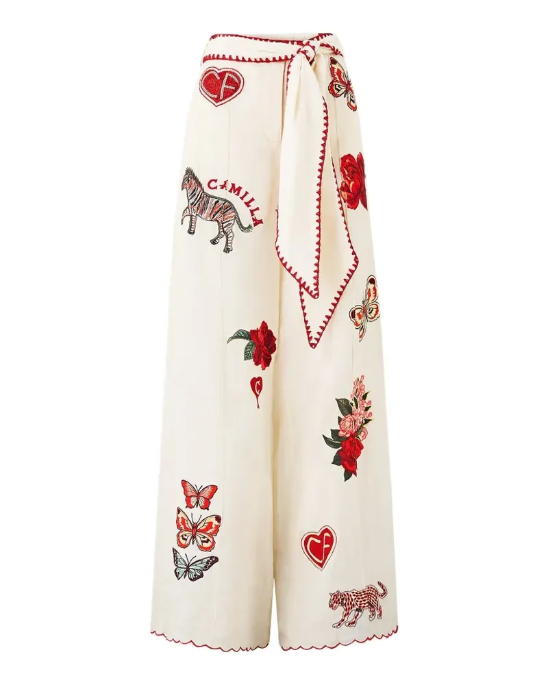 Camilla embroidered-details scarf-belt wide-leg linen trousers - Nude Nude