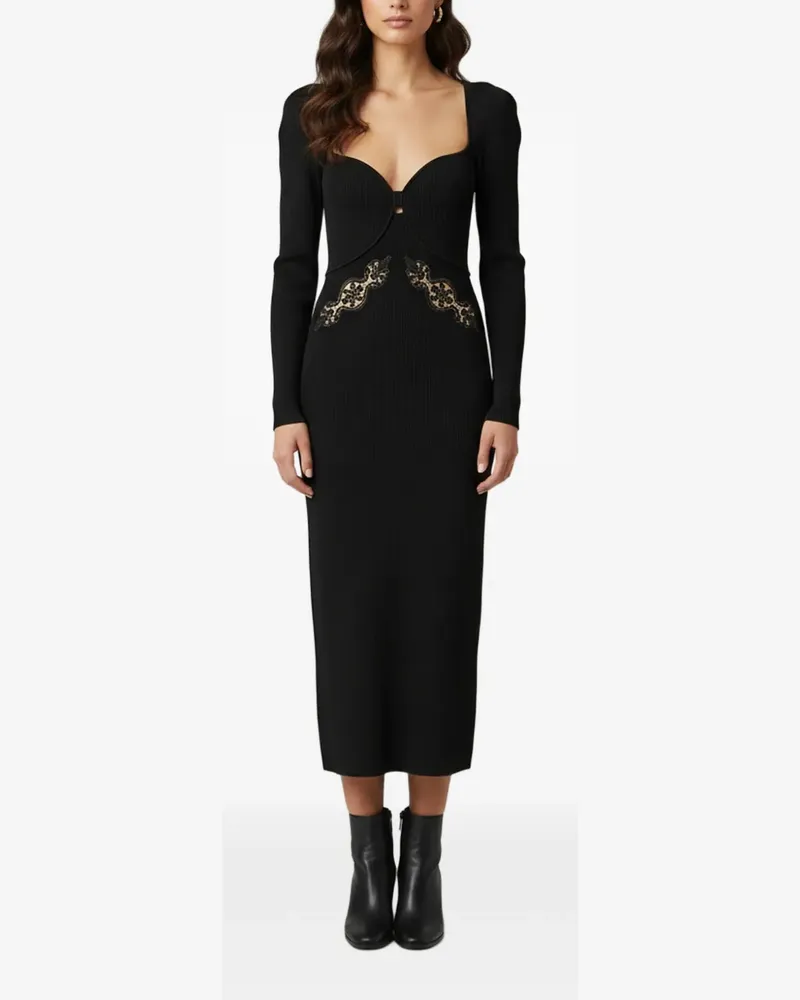 Self-Portrait lace-appliqué rib-knit midi dress - Schwarz Schwarz