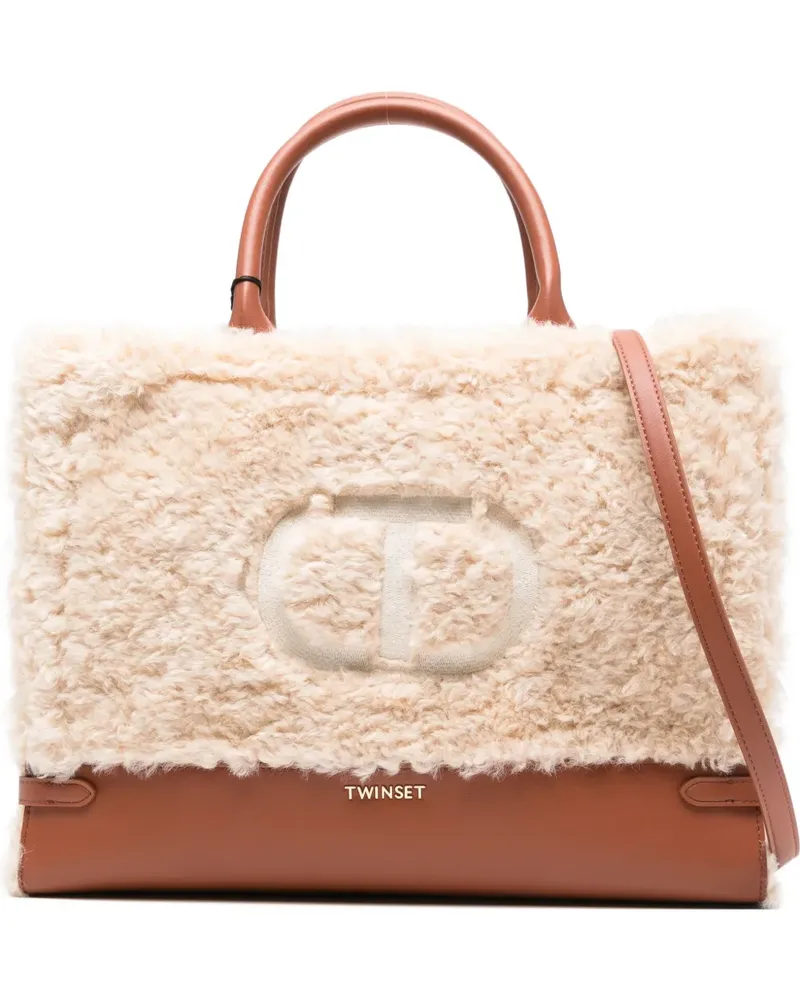 Twin-Set shearling top-handle tote bag - Nude Nude