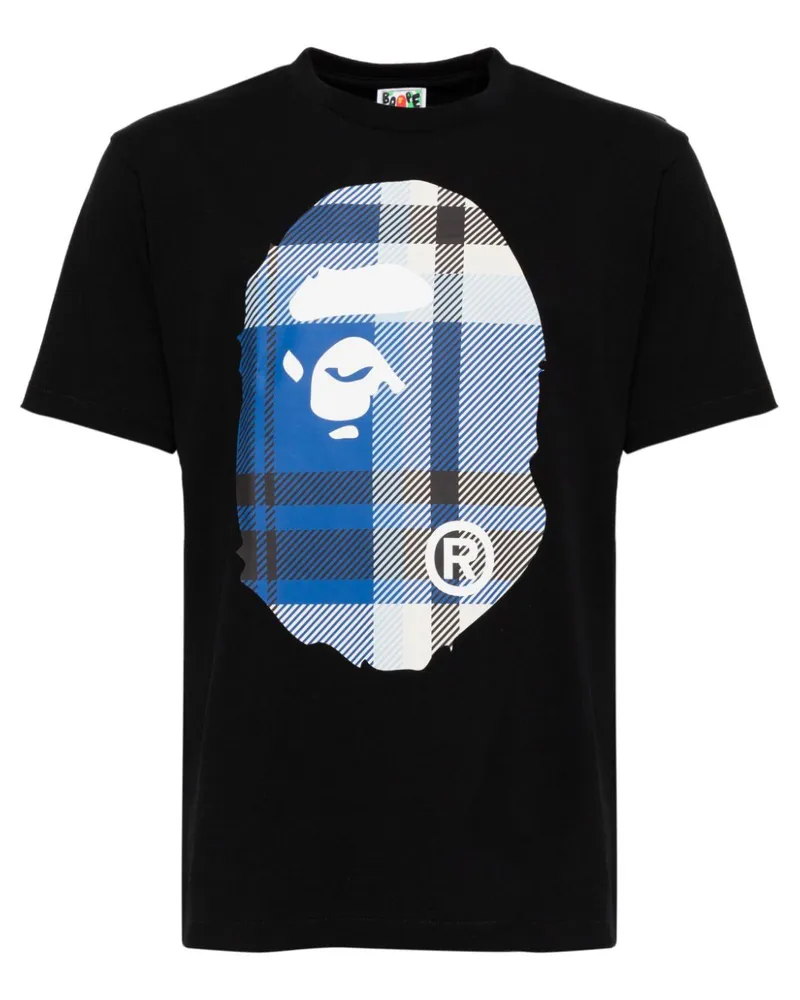 BAPE Kariertes T-Shirt mit großem Affenkopf - Schwarz Schwarz